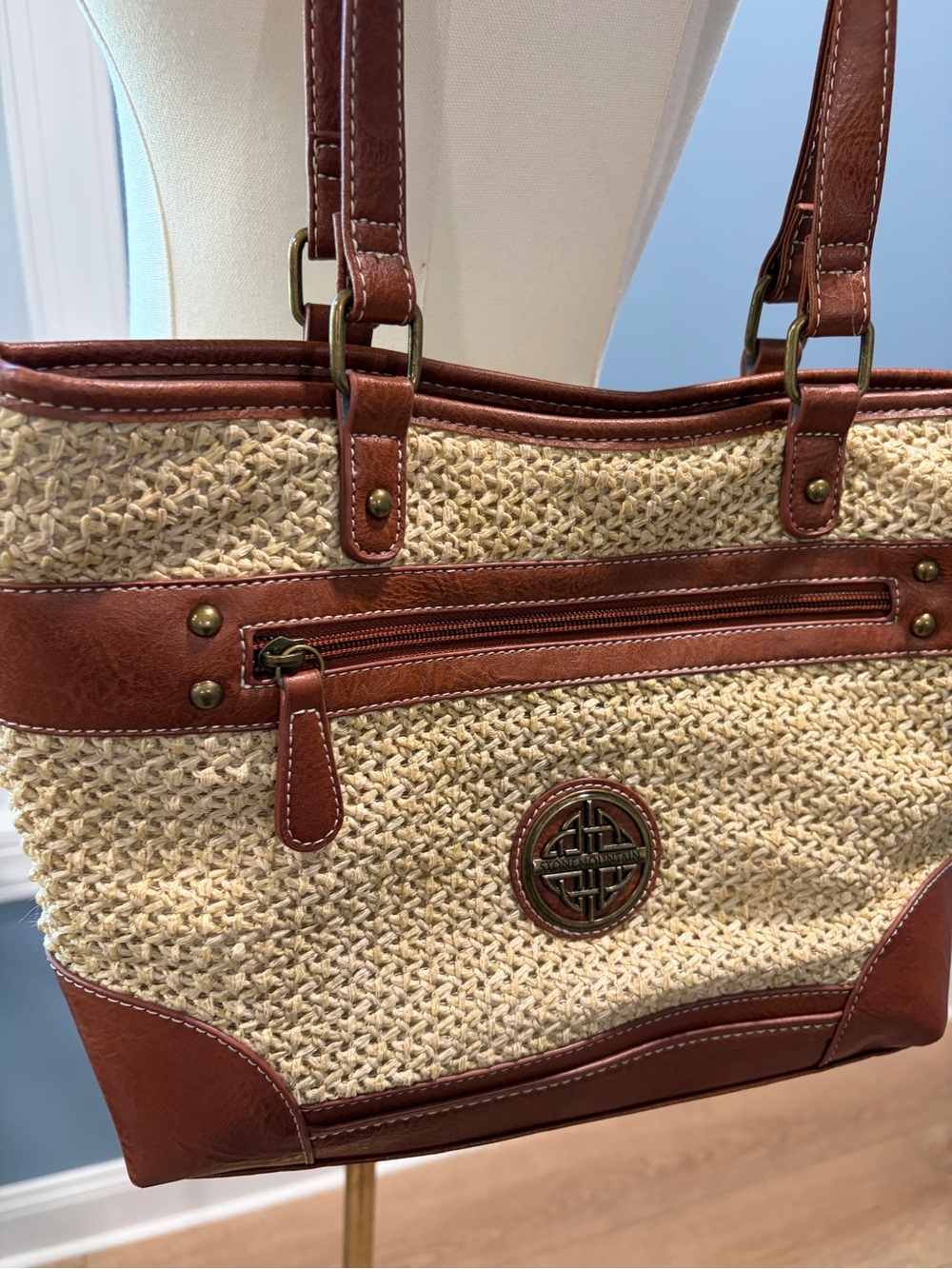 Stone Mountain Straw Woven Tote Bag Cognac Brown Faux Leather Beach Shoulder - Picture 2 of 8
